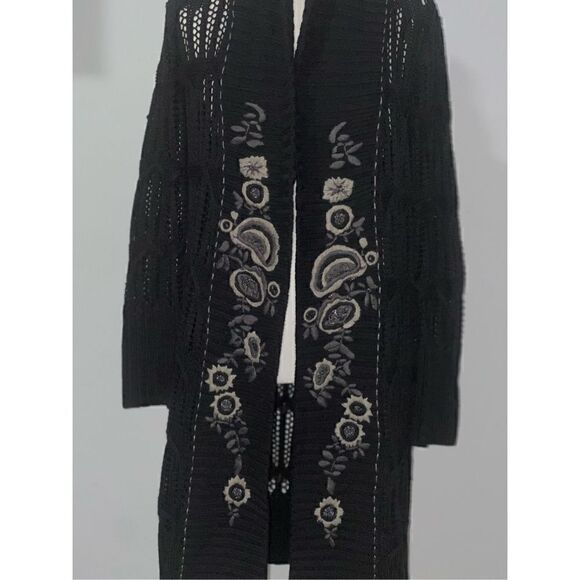 Lucky Brand long knit black cardigan Embroidered open  front S - Picture 1 of 7